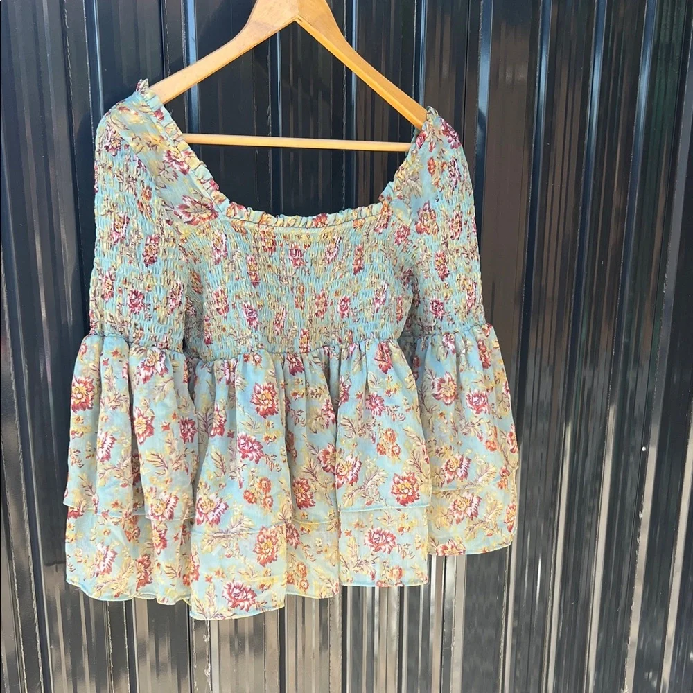 Free People Floral Smocked Blouse Blue Green Pink Red Flowers Flowy Fairy Boho - Picture 8 of 8